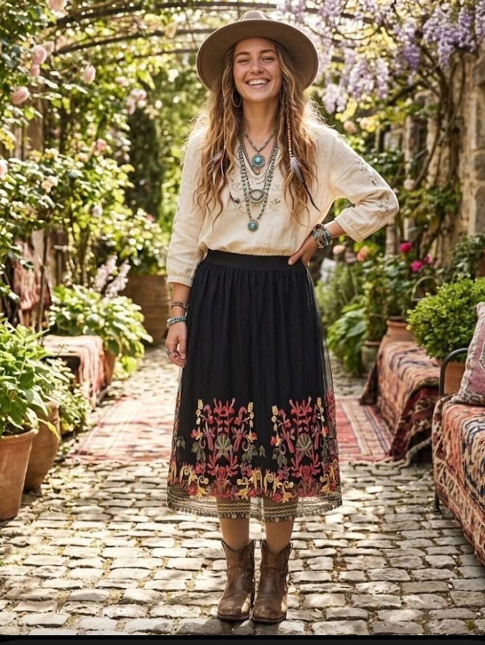 New Boho Black Embroidered Mesh Skirt M-L 2 Layers Floral Magic